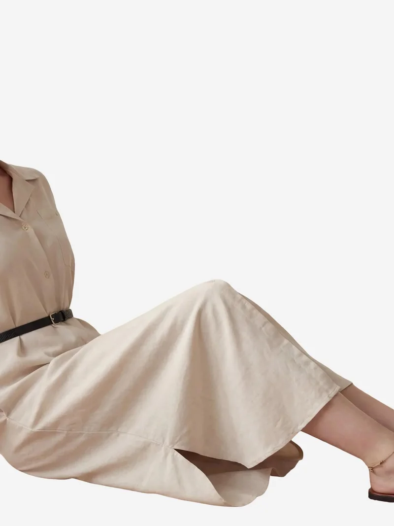 MY FASHION Beige Natural MY FASHION Linen Blend Midi Dress with Button Closure and Pocket for Women | Best Price UAE